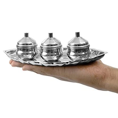 Image 5 of Spillbox Traditional Handcrafted Stainless Steel Thali Kumkum Holder Stand Plate Oval 3 Bowl-Small Leaf- Silver