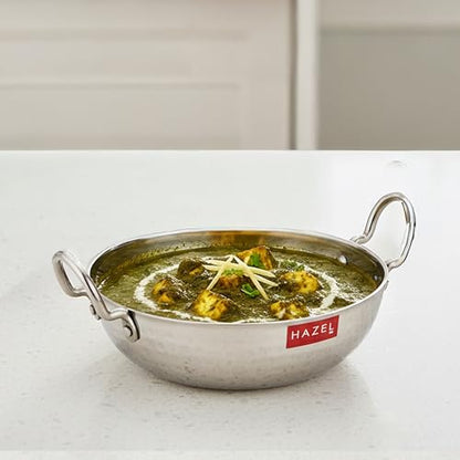 Image 2 of HAZEL Stainless Steel Kadai with Handle Curved Bottom Hammered Tone Design, 700 ml