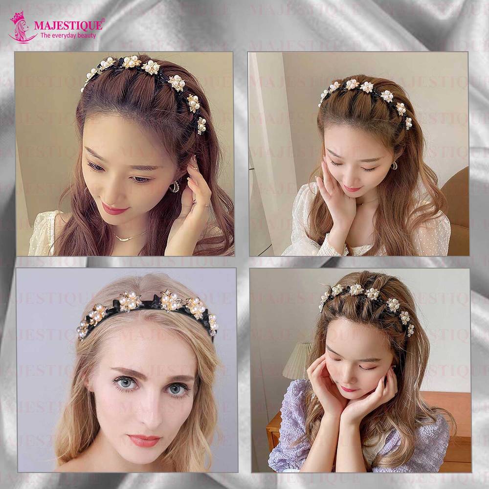 Image 6 of Majestique Stylish Braided Double Layer Acrylic Headband With Elegant Flower Hair Accessory - 1 Pc