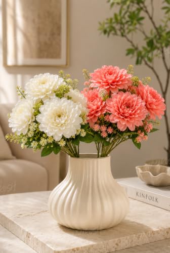Image 1 of Default Title for the product Divyakosh Artificial Flower Bunch Set of 2 (Vase Not Included) | White + Coral Peach| 8 Large Flowers, 8 Filler Stems | 35 cm Decorative Artificial Flowers for Home, Living Room & Table Decor