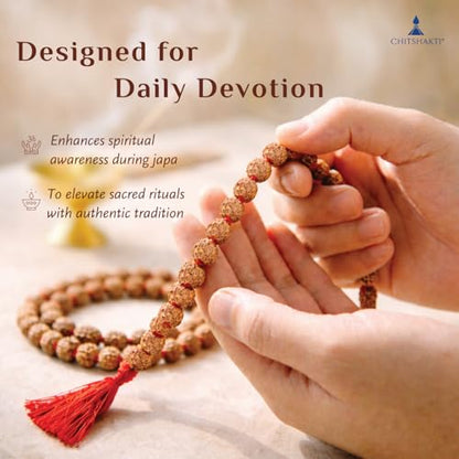 Image 3 of Chitshakti Rudraksha mala 108 +1 Beads Original | Sacred 108 + 1 Rudraksha Meditation Mala | Natural 9 mm Beads with 9 mm Guru Bead | Traditional Hand-Knotted Japa Mala with Red Tassel | Red