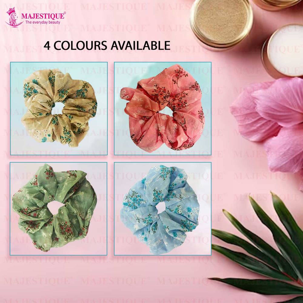 Image 3 of Majestique Georgette Fabric Hair Ties Scrunchies Elastics Leaf Flower Print Rubber Bands - 2 Pcs