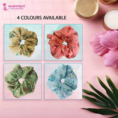 Image 3 of Majestique Georgette Fabric Hair Ties Scrunchies Elastics Leaf Flower Print Rubber Bands - 2 Pcs