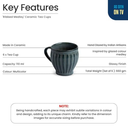 Image 4 of ExclusiveLane Ribbed Medley Ceramic Tea Cups Set of 6 110 ml