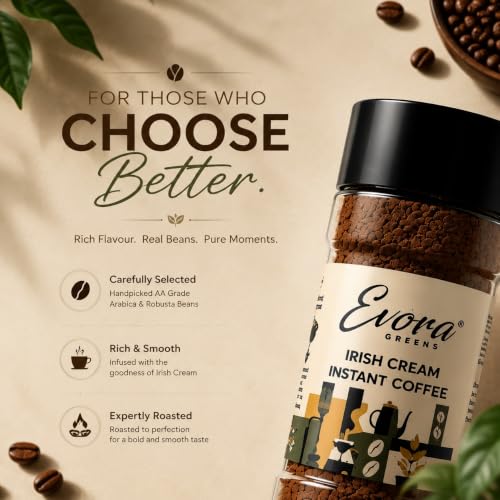 Image 5 of EVORA Greens 100gm Instant Coffee Powder | Irish Cream Flavour | Coffee with Arabica & Robusta Blend - Medium Roast | Make 50 Cups