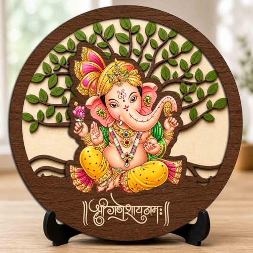 Image 1 of Default Title for the product Ganesh Ji Wooden Idol with Stand for Home Temple, Puja Room, Office Desk & Indoor Mandir Decor - 5x5 Inch