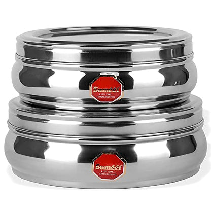 Image 2 of 1.1 LTR & 1.5 LTR Capacity for the product Sumeet Stainless Steel Belly Shape Flat Canisters/Puri Dabba/Storage Containers