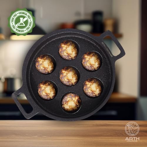 Image 2 of Arth The 7-Pits Pre-Seasoned Cast Iron Paniyaram Pan 22cms Diameter