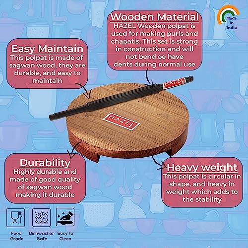 Image 4 of HAZEL Sagwan Polpat Chakla Roti Chapati Maker 24 cm with Sheesham Roti Roller Belan Rolling Pin 35 cm