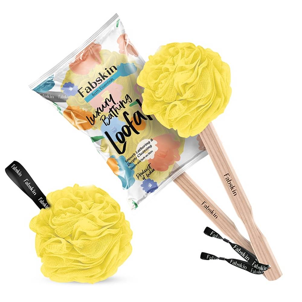 Image 1 of 1 Pc / Pack of 1 for the product Fabskin Loofah Duo Pack - Bath Brush With Wooden Handle & Round Loofah - For Men & Women-Yellow