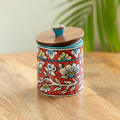 Image 1 of Default Title for the product ExclusiveLane Mughal Barrel Multi Utility Storage Ceramic Jar with Wooden Lid 420 ml
