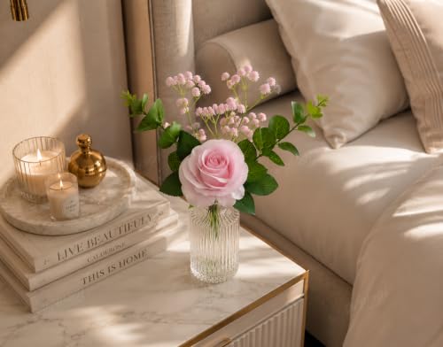 Image 6 of Divyakosh Artificial Pink Rose Flower Bunch with Glass VASE (1 Big Rose + Baby Breath) | Realistic Faux Floral Bouquet with Green Leaves & Baby Breath | Home Decor for Living Room, Bedroom, Office
