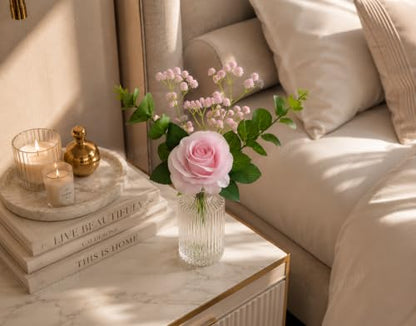 Image 6 of Divyakosh Artificial Pink Rose Flower Bunch with Glass VASE (1 Big Rose + Baby Breath) | Realistic Faux Floral Bouquet with Green Leaves & Baby Breath | Home Decor for Living Room, Bedroom, Office