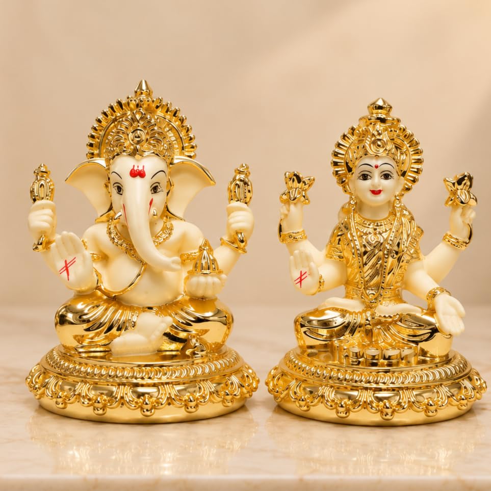 Image 6 of Gold Art India Laxmi Ganesh Gold Plated Off White Terracotta Idol for Home Decor 3.7" Inch