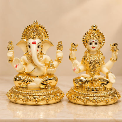 Image 6 of Gold Art India Laxmi Ganesh Gold Plated Off White Terracotta Idol for Home Decor 3.7" Inch