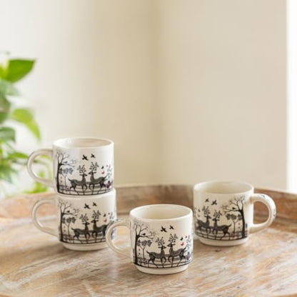 Image 1 of Default Title for the product ExclusiveLane Forest Deer Decal Ceramic Tea Cups Set of 4 (200 ml)