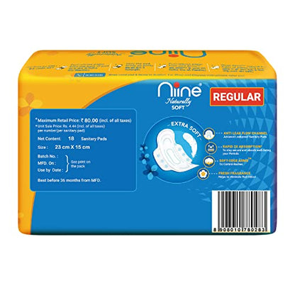 Image 3 of Niine Naturally Soft Regular Sanitary Napkins for women|230mm Long| Extra Soft & Cottony for Rash Control|2x Absorption|Anti-Leak Lock Protection |Super Saver Pack|(Pack of 4) 72 Pads