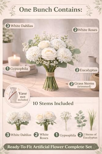 Image 2 of Divyakosh Artificial White Flower Bouquet with Roses & Chrysanthemums, Pooja Room Decoration Items & Craft Interior Props (Vase Not Included)