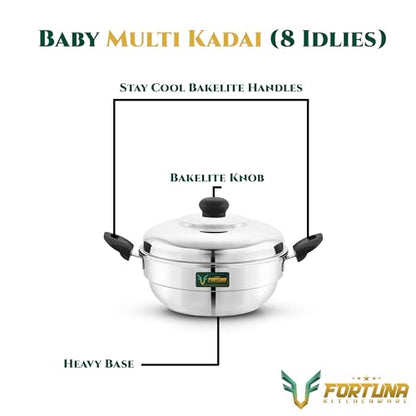 Image 2 of Fortuna Idli Steamer Stainless Steel | 2 Plate, 8 Idlis | Idli Pot/Idli maker stainless steel, Gas & Induction compatible | Small idli maker | Multi Kadai (8 Idly)