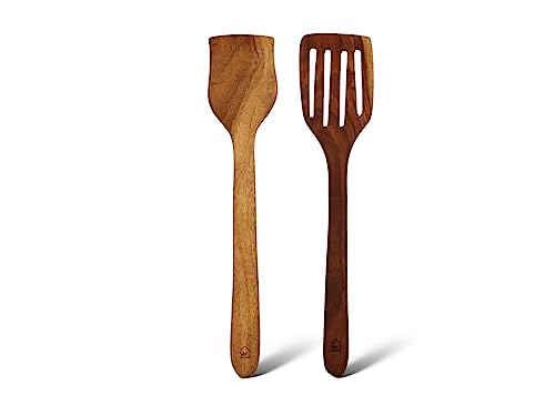 Image 1 of Set of 2 for the product Vesta Homes Neem Wood Spoon Compact Flip Spatula Ladle Kitchen Tools