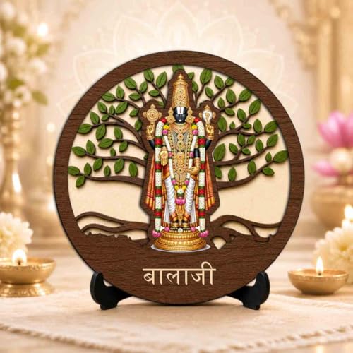 Image 2 of Tirupati Balaji Wooden Idol with Stand for Home Temple, Puja Room, Office Desk & Indoor Mandir Decor - 5x5 Inch