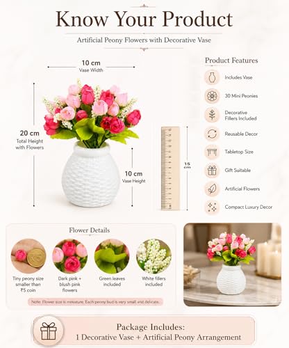 Image 5 of Divyakosh Artificial Flower Peony Bunch with Plastic Vase for Home Decor, Small Pink Peonies Flower Arrangement with Vase, Flower Vase, Home Decoration Items for Living Room, Aesthetic Home Decor