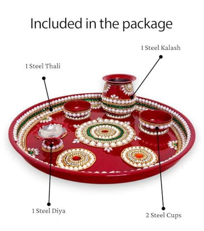 Image 3 of Royal Indian Art Kundan Decor Stainless Steel Pooja Thali Set, 12 Inches