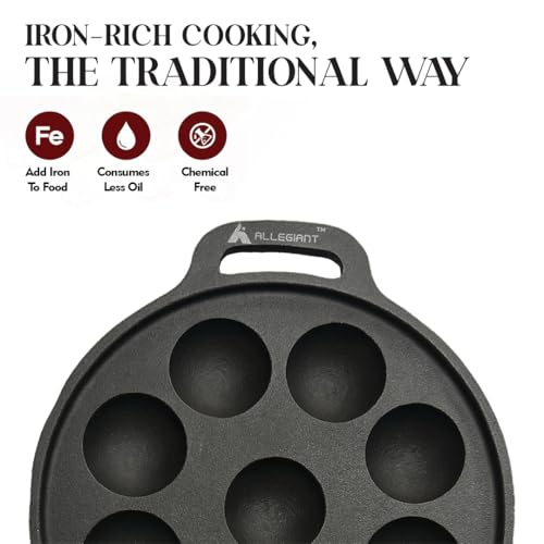 Image 3 of ALLEGIANT COOKWARE Kitchen Pre-Seasoned Cast Iron Appam Pan with 9 Cavity for Appam, Paniyaram, Appe & Paddu Making Use