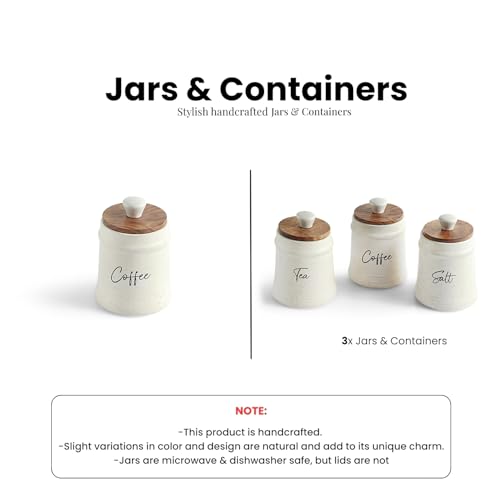 Image 6 of ExclusiveLane 'Daily Rituals' Airtight Ceramic Jars For Kitchen Storage With Wooden Lid Ceramic Containers For Pickle Cookies Sugar Dry Fruits (Set of 3, Airtight, 300 ML, Hand-Embossed, 13.5 Cm)