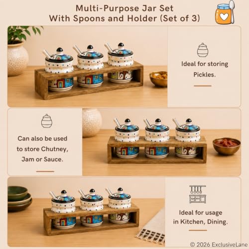 Image 4 of ExclusiveLane Hut Handpainted Ceramic Pickle Jars with Spoon & Wooden Holder Set of 3 280 ML