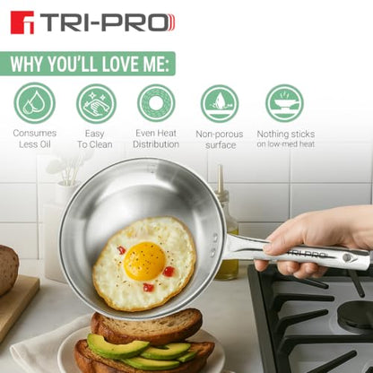 Image 5 of BERGNER Tripro Triply Stainless Steel 4 Pc Cookware Set, 24 cm Indian Wok/Kadai with Lid, 22 cm Frypan, 16 cm Tea Pan