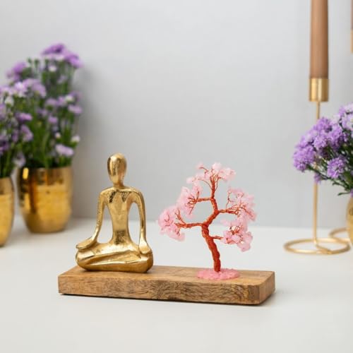 Image 1 of Default Title for the product RITUALISTIC Rose Quartz Crystal Tree Gold Meditating Figurine on Wooden Base 22×14.5 cm