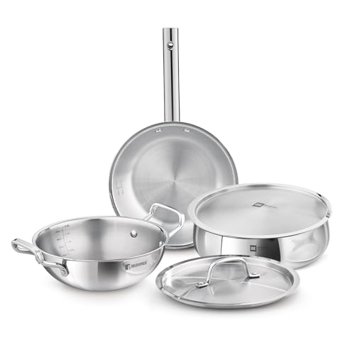 Image 2 of BERGNER Tripro BE Essentials 5 Pcs Triply Cookware Set - 24cm Kadai with Lid, 22cm Frypan and 24cm (4.4L) Biryani Handi with Lid