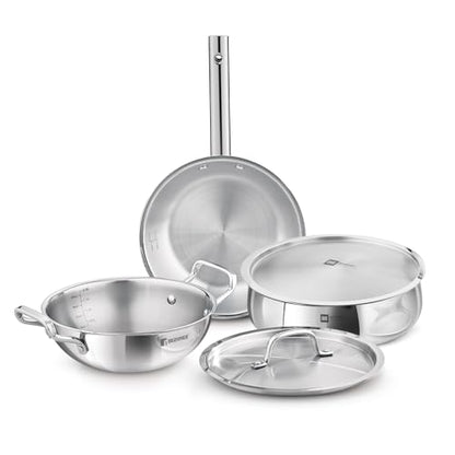 Image 2 of BERGNER Tripro BE Essentials 5 Pcs Triply Cookware Set - 24cm Kadai with Lid, 22cm Frypan and 24cm (4.4L) Biryani Handi with Lid