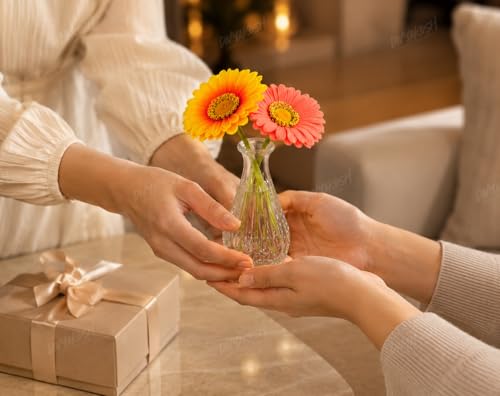Image 2 of Divyakosh Artificial Flower Vase | Glass Vase (1) with Gerbera Flowers (2) | Home Decoration Items for Living Room | Aesthetic Home Decor, Vase for Home deﾌ…or'