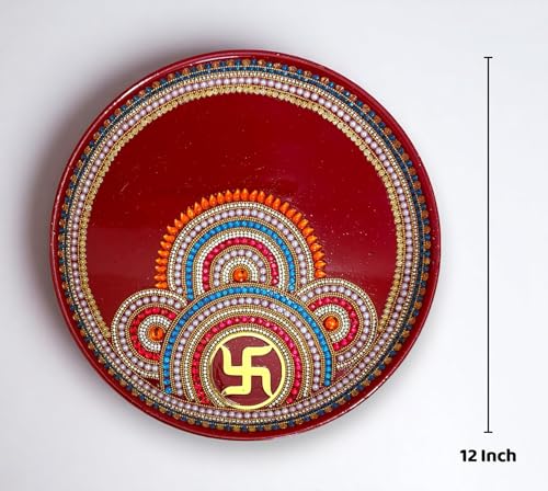 Image 6 of RIA Studio Traditional Swastik Pooja Thali Set 12-Inch Stainless Steel Prayer Plate with Kundan Decoration 5-Piece Hindu Worship Kit