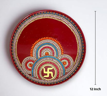 Image 6 of RIA Studio Traditional Swastik Pooja Thali Set 12-Inch Stainless Steel Prayer Plate with Kundan Decoration 5-Piece Hindu Worship Kit