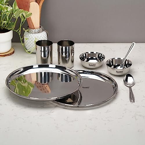 Image 5 of Sumeet Stainless Steel Heavy Gauge Mirror Finish Solid Dinner Set Of 8 Pcs (2 Plate, 2 Bowl/Wati, 2 Glass, 2 Spoon), Silver