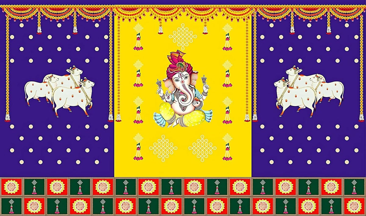 Image 1 of Default Title for the product Sri Yagnaa M 30 – Ganesh & Gomatha Blue-Yellow Backdrop Cloth, 8 x 5 Ft
