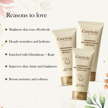 Image 4 of CareVeda Glutathione Skin Care Set of 3 | Face Cream & Face Wash, Sunscreen for Bright, Even-Toned Skin | Anti-Pigmentation & Glow Boost | For Men & Women