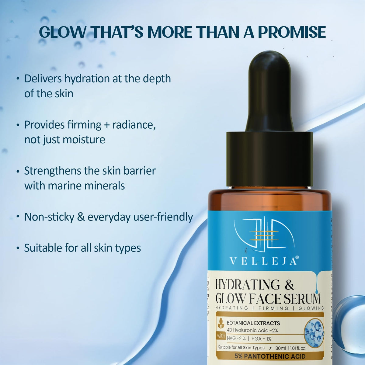 Image 6 of Velleja Hyaluronic Acid Hydrating & Glow Face Serum|48-Hour Moisture Lock|Plumping, Firming & Lightweight Serum for Extra Dry Skin