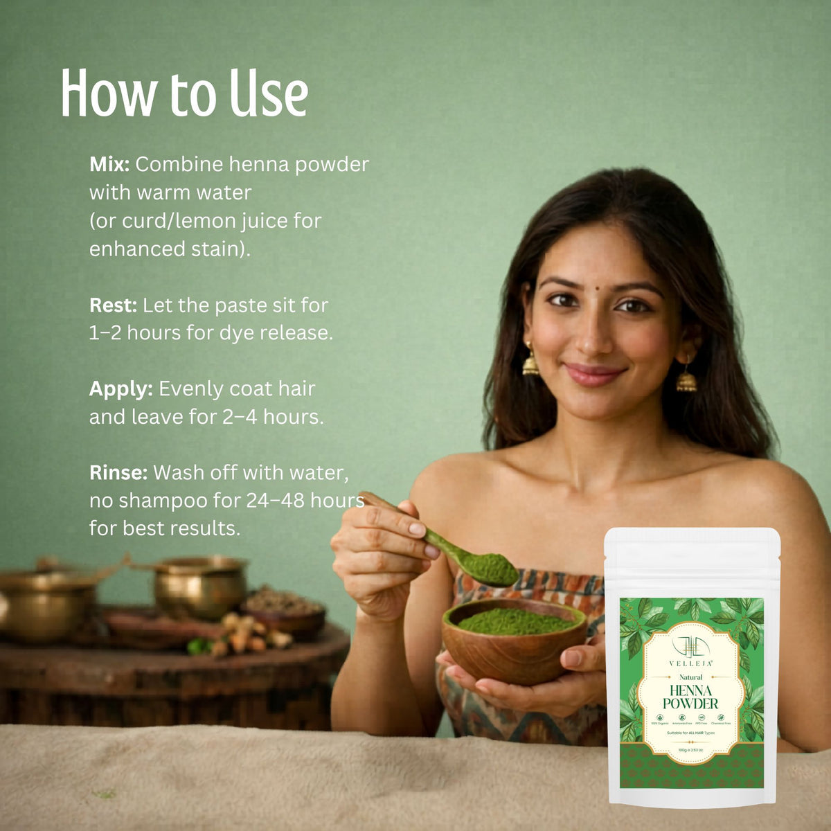 Image 6 of Velleja Herbal Henna Powder for Natural Hair Colour | Enriched with Amla, Bhringraj & Shikakai