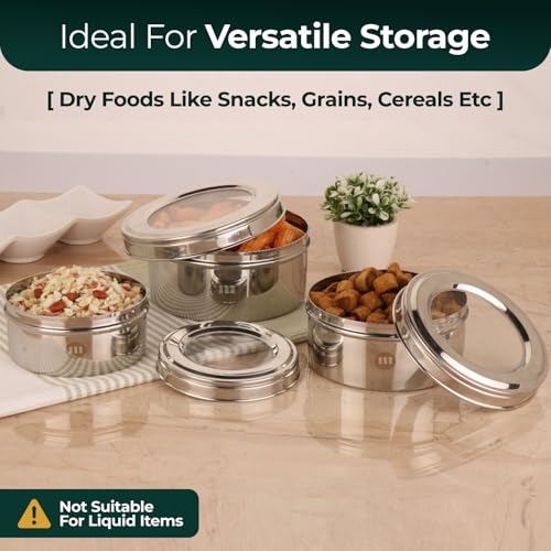 Image 4 of MARU Stainless Steel Dabba Set for Kitchen with Transparent Lids Set of 3 (500ml, 750ml, 950ml)