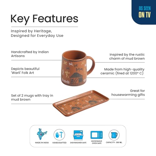 Image 4 of ExclusiveLane Warli Village Tales Ceramic Coffee Mugs Set of 2 with Tray 300 ml