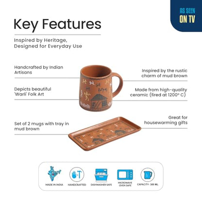 Image 4 of ExclusiveLane Warli Village Tales Ceramic Coffee Mugs Set of 2 with Tray 300 ml