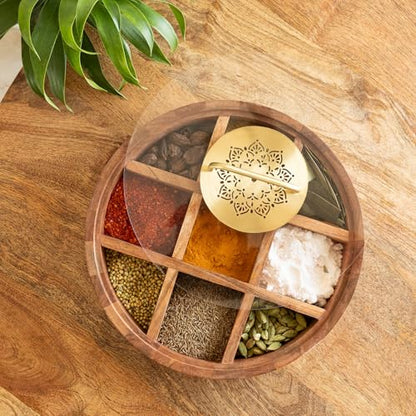 Image 1 of Default Title for the product ExclusiveLane Golden Flower Wooden Spice Box for Kitchen 9 Partitions