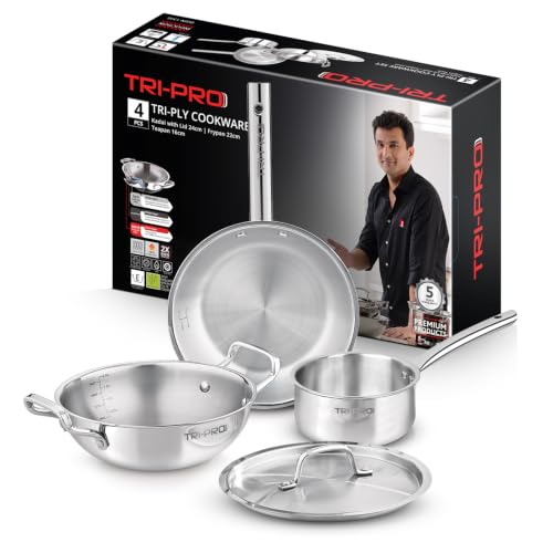 Image 1 of Default Title for the product BERGNER Tripro Triply Stainless Steel 4 Pc Cookware Set, 24 cm Indian Wok/Kadai with Lid, 22 cm Frypan, 16 cm Tea Pan