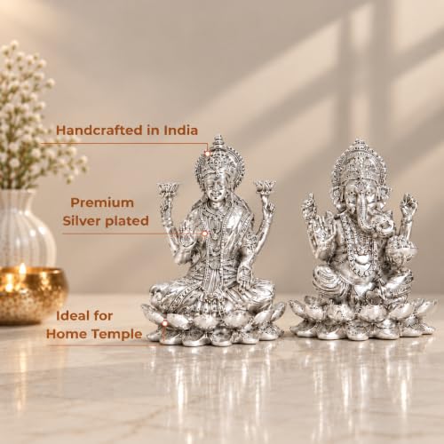 Image 2 of elaris 999 Pure Silver Plated Lakshmi Ganesha Idol on Lotus Showpiece – 5.1 Inch, Silver Plated