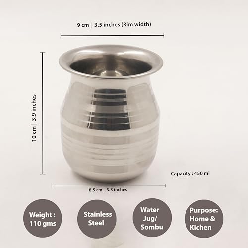 Image 5 of Spillbox Stainless Steel Lota | Kalash | Sombu | Theertha Sembu | Vessel |Jug | Karwachauth | Diwali | Mandir Wedding|Kamandal|Gangajal|Water Gangotri|Chambu 450ml