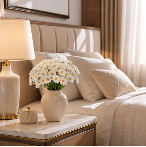 Image 7 of Divyakosh Artificial Daisy Flowers Bunch for Home Decor, Pack of 5 with 150 White Flowers, Faux Floral Arrangement for Vase, Living Room, Wedding, Festive & Party Decoration